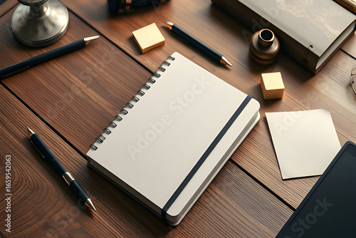 Creative workspace notebook pens and inkwell on wooden table