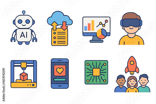 Tech Innovations for Kids. Flat vector mini-illustrations tech innovation concepts in colors children's