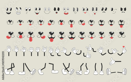 Collection of comic faces in different emotions, faces of cats and dogs, legs and arms for retro characters of 70s. Cartoon character eyes, mouth, nose, legs and arms in different poses.