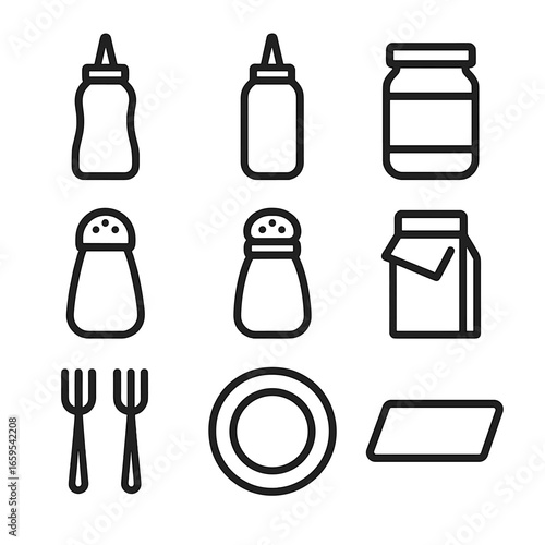 Condiment Icon Set. Outline icon set of ketchup condiment sets: ketchup bottle, mustard bottle, mayo jar, salt shaker, pepper