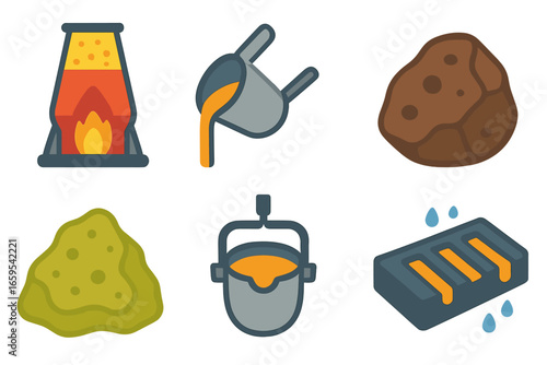 Metallurgy Icons for Kids. Flat vector mini-illustrations reduction in metallurgy in colors children's illustrations: blast