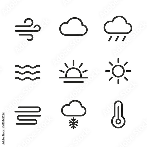 Mild Weather Icons. Outline icon set of mild weather conditions: light breeze, cloudy sky, gentle rain, calm sea, sunrise, soft