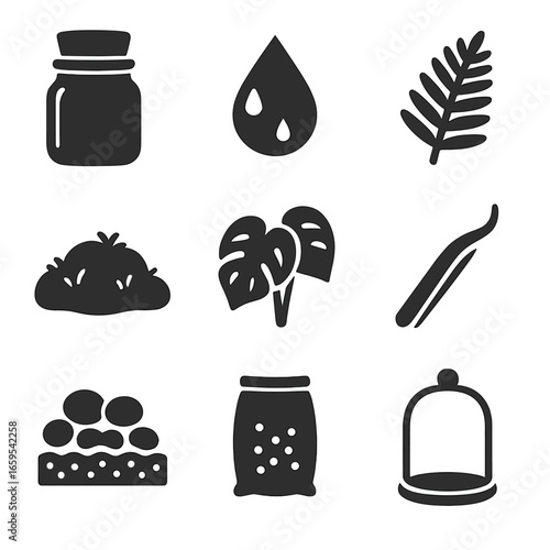 Terrarium Icon Set. Solid, filled icons set of closed terrarium essentials: cork-sealed jar, condensation icon