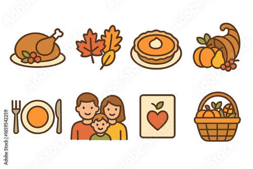 Thanksgiving Icon Set. Flat vector mini-illustrations Thanksgiving celebration in colors children's