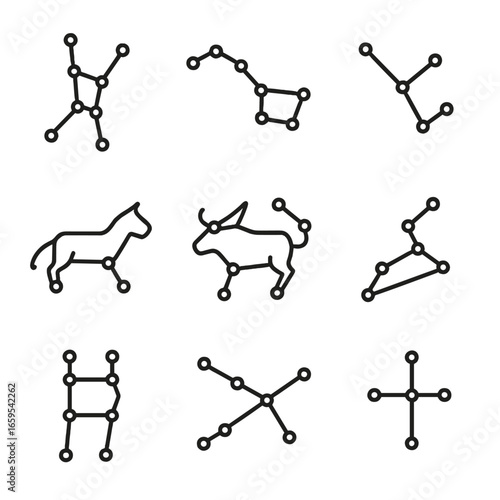 Constellation Icon Grid. Outline icon set of constellations: Orion, Ursa Major, Cassiopeia, Leo, Taurus, Scorpius, Gemini,