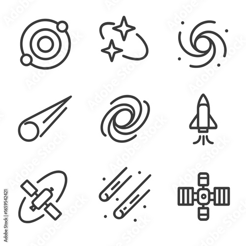 Cosmic Icon Set. Outline icon set of cosmic movement: orbiting planets, spinning stars, rotating galaxies, comet trail, black hole