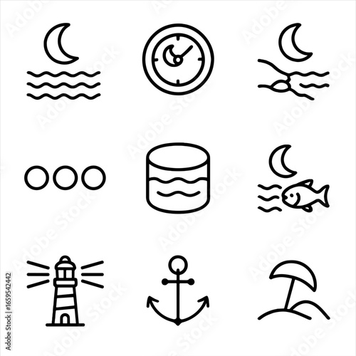 Moon and Tides Icons. Outline icon set of moon and tides: ocean waves, tide clock, coastal line, moon phases, water level, marine