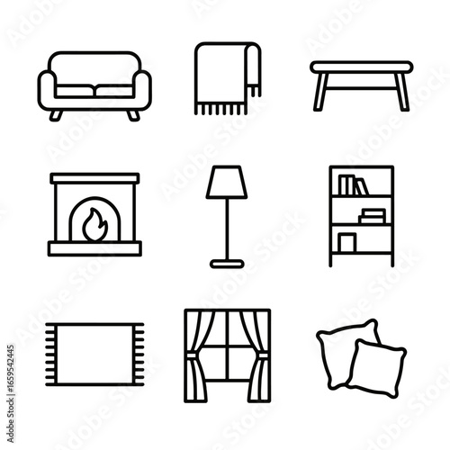 Cozy Living Room Icons. Outline icon set of cozy living room: sofa, throw blanket, coffee table, fireplace, floor lamp, bookshelf,