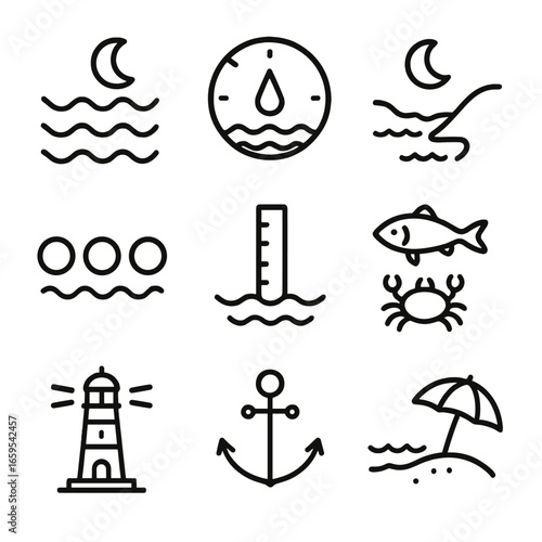 Moon and Tides Icons. Outline icon set of moon and tides: ocean waves, tide clock, coastal line, moon phases, water level, marine