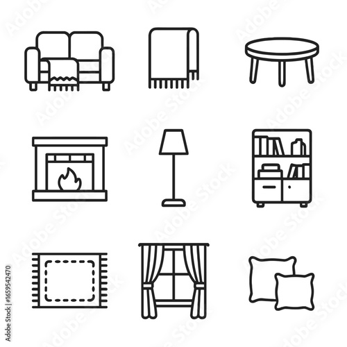 Cozy Living Room Icons. Outline icon set of cozy living room: sofa, throw blanket, coffee table, fireplace, floor lamp, bookshelf,