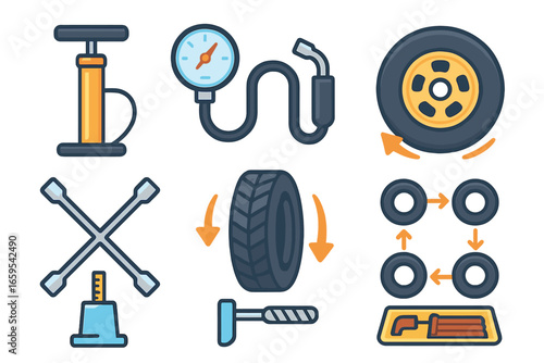 Tire Care Icons. Flat vector mini-illustrations Tire care essentials in colors children's illustrations: tire