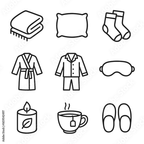 Cozy Nap Essentials. Outline icon set of nap comfort items: soft blanket, plush pillow, cozy socks, warm robe, comfy pajamas, eye