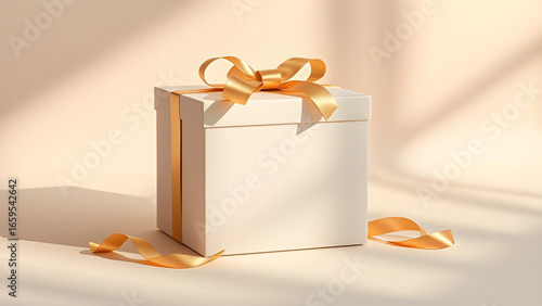 Elegant gift box with golden ribbon and soft lighting