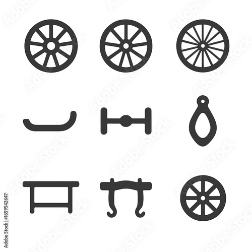 Transport Wheel Icons. Solid, filled icons set of transport wheels and parts: wooden wheel, carriage wheel,