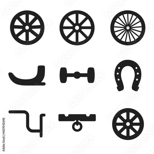 Transport Wheel Icons. Solid, filled icons set of transport wheels and parts: wooden wheel, carriage wheel,