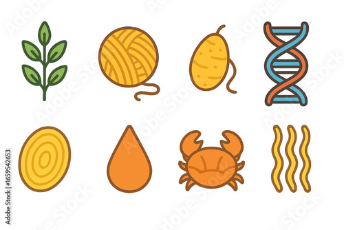 Natural Polymers Grid. Flat vector mini-illustrations natural polymers in colors children's illustrations: cellulose fiber, wool