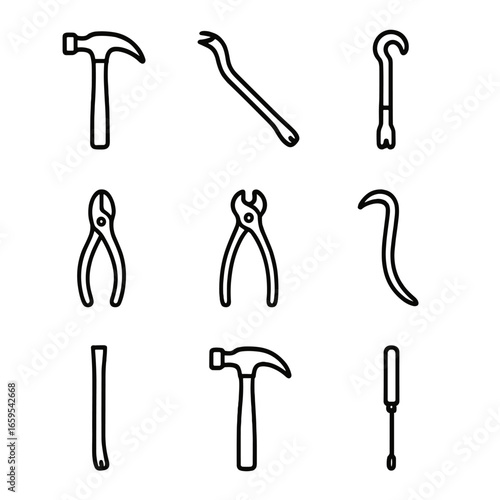 Nail Removal Tools Icons. Outline icon set of nail removal tools: claw hammer, pry bar, cat’s paw, pliers, nail puller, crowbar,