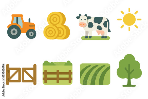 Tractors in Farm Scene. Flat vector mini-illustrations tractors at work in colors children's illustrations: