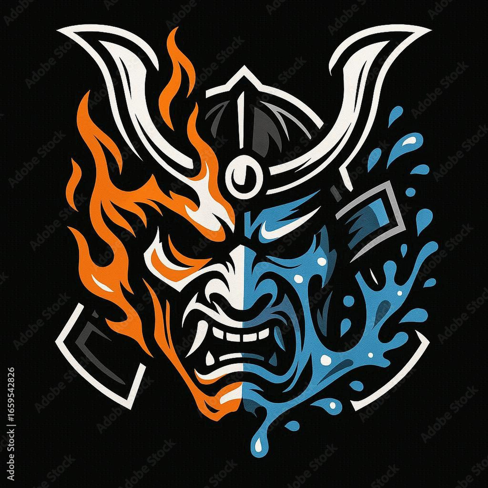 Obraz premium Stylized esport clan logo of a samurai mask half on fire and half soaked in water