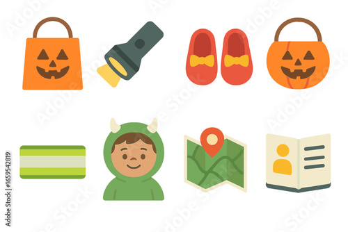 Trick-or-Treat Essentials. Flat vector mini-illustrations trick-or-treat essentials in colors children's