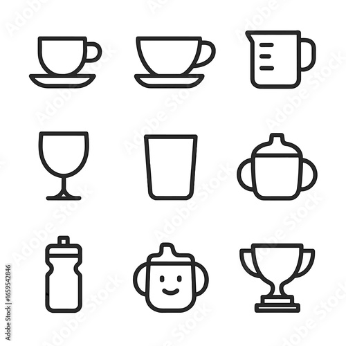 Cup Icon Collection. Outline icon set of cup types by context: espresso cup, tea cup, measuring cup, chalice, tumbler, sippy cup,