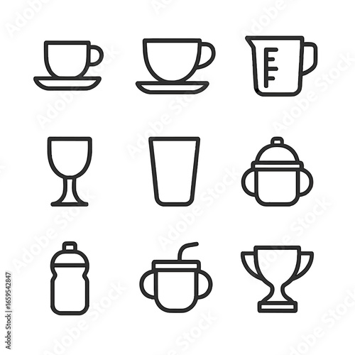 Cup Icon Collection. Outline icon set of cup types by context: espresso cup, tea cup, measuring cup, chalice, tumbler, sippy cup,