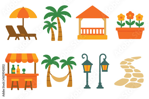 Tropical Resort Icons. Flat vector mini-illustrations resort landscape design in colors children's
