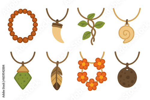 Nature-Inspired Necklace Icons. Flat vector mini-illustrations tribal and nature necklaces in colors children's illustrations:
