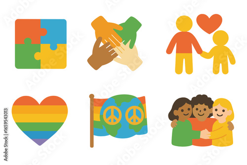 Unity in Diversity Icons. Flat vector mini-illustrations Unity in diversity in colors children's illustrations