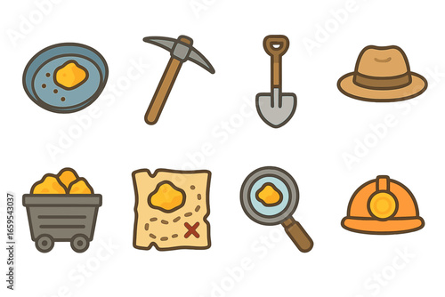 Nugget Hunting Icons. Flat vector mini-illustrations nugget hunting in colors children's illustrations: gold pan, pickaxe, shovel,