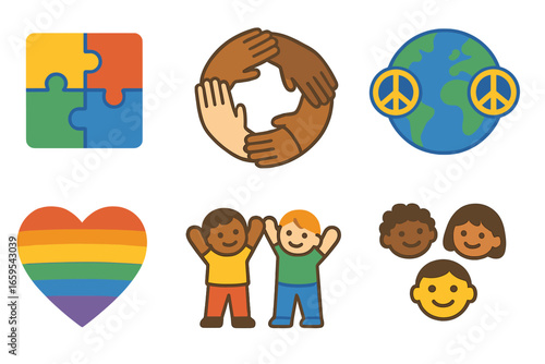 Unity in Diversity Icons. Flat vector mini-illustrations Unity in diversity in colors children's illustrations