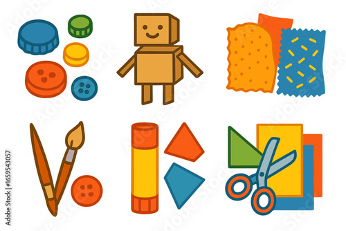 Upcycled Art Icons. Flat vector mini-illustrations Upcycled art using everyday items in colors children's