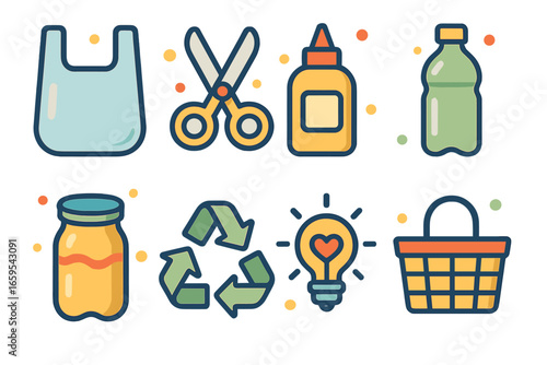 Upcycling Plastic Icons. Flat vector mini-illustrations upcycling plastics in colors children's illustrations: