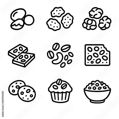 Nut Snack Icons. Outline icon set of nut snacks: chocolate-covered nuts, candied nuts, nut clusters, nut bars, trail mix, nut