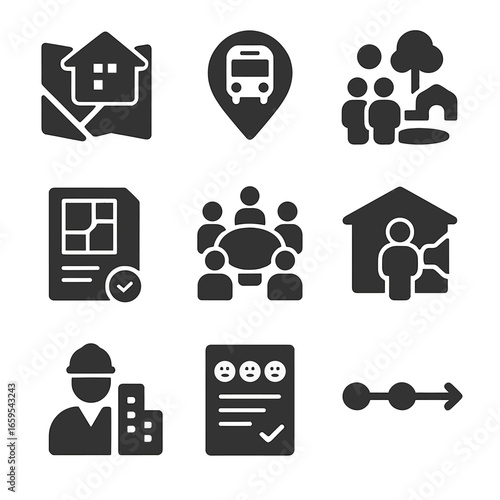 Urban Planning Icons. Solid, filled icons set of urban integration planning: housing map, public transport
