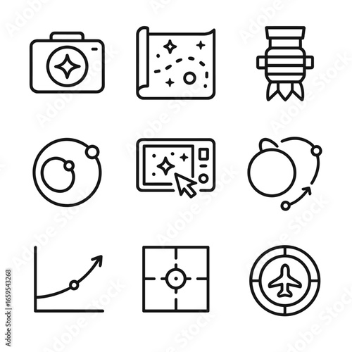 Deep Space Icons. Outline icon set of deep space navigation: star tracker, celestial map, spacecraft thruster, orbital path,