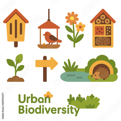 Urban Wildlife Haven. Flat vector mini-illustrations urban biodiversity support in colors children's