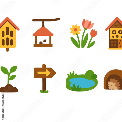 Urban Wildlife Haven. Flat vector mini-illustrations urban biodiversity support in colors children's