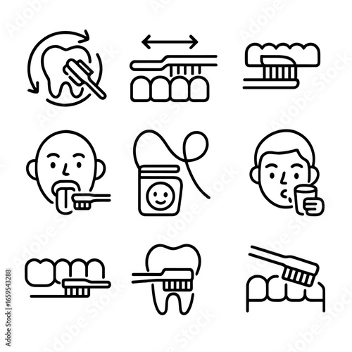 Dental Care Icons. Outline icon set of brushing teeth techniques: circular motion, back-and-forth, brushing teeth diagram,