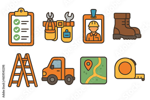 Utility Workers Icons. Flat vector mini-illustrations Utility service workers on duty in colors children's