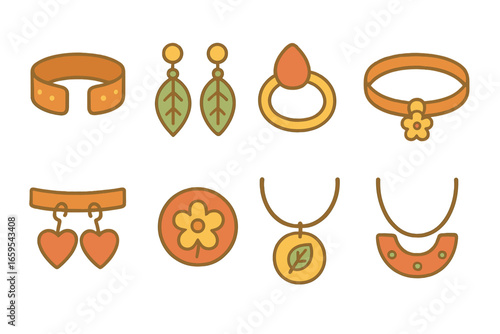 Vegan Jewelry Icons. Flat vector mini-illustrations handmade vegan leather jewelry in colors children's