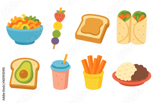 Vegan Kids' Meal Icons. Flat vector mini-illustrations vegan meals for kids in colors children's illustrations