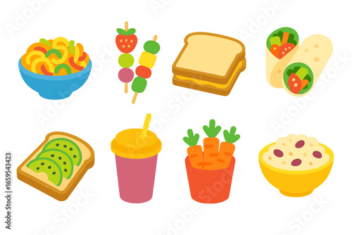 Vegan Kids' Meal Icons. Flat vector mini-illustrations vegan meals for kids in colors children's illustrations