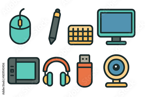 Digital Tools Icons. Flat vector mini-illustrations digital tools in colors children's illustrations: computer mouse, stylus pen,