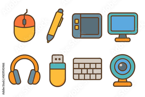 Digital Tools Icons. Flat vector mini-illustrations digital tools in colors children's illustrations: computer mouse, stylus pen,