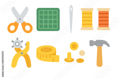 Vegan Leather Craft Tools. Flat vector mini-illustrations vegan leather craft tools in colors children's
