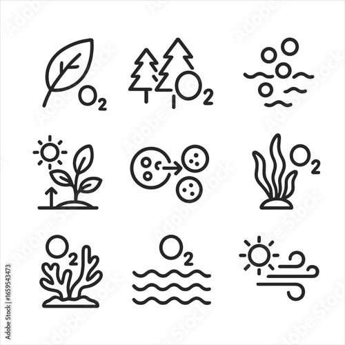 Oxygen Icon Grid. Outline icon set of oxygen in nature: leaf releasing oxygen, forest trees, underwater oxygen bubbles,