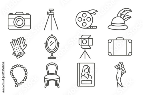 Vintage Fashion Icons. Outline vector icons of fashion photography with vintage props: retro camera, tripod,