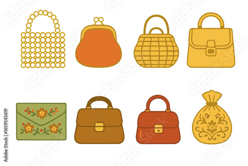 Vintage Bag Illustrations. Flat vector mini-illustrations Vintage handbags in colors children's illustrations: