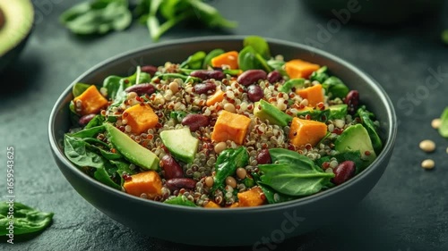 Healthy vegetarian quinoa salad with kale, sweet potato, cranberries, avocado, and seed sprinkles.